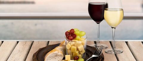 Schifffahrt mit Essen, Käsewürfel und Trauben dazu Rot- und Weißwein, im Hintergrund der Bodensee.
