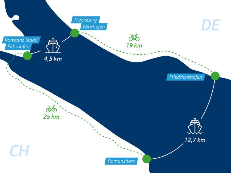 Route Biketour-Ticket Obersee von Konstanz nach Meersburg, FN und Romanshorn