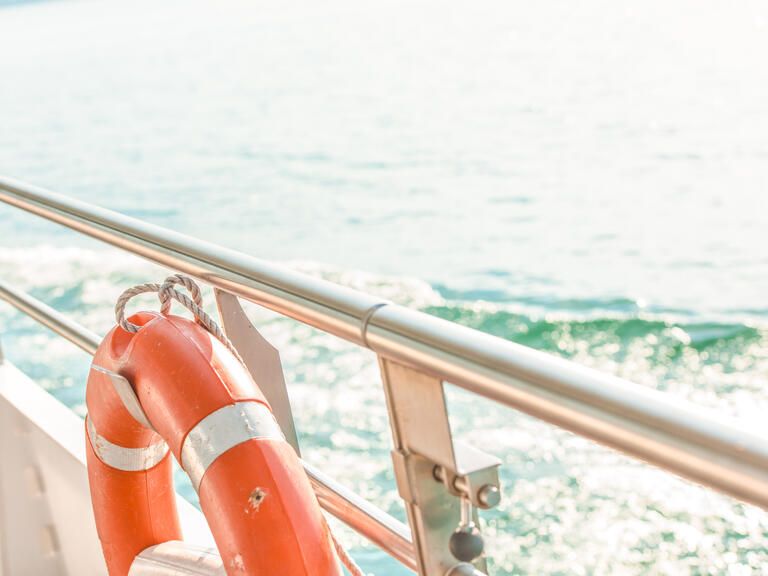 Reling der "MS Ueberlingen" mit Blick auf den Bodensee und einen befestigten Rettungsring.