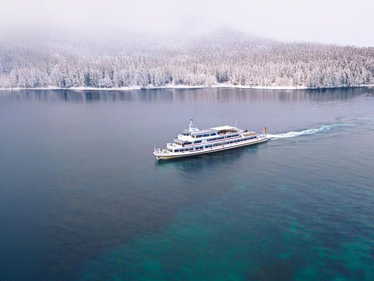 Schiff im nebeligen Winter vor dem Ufer