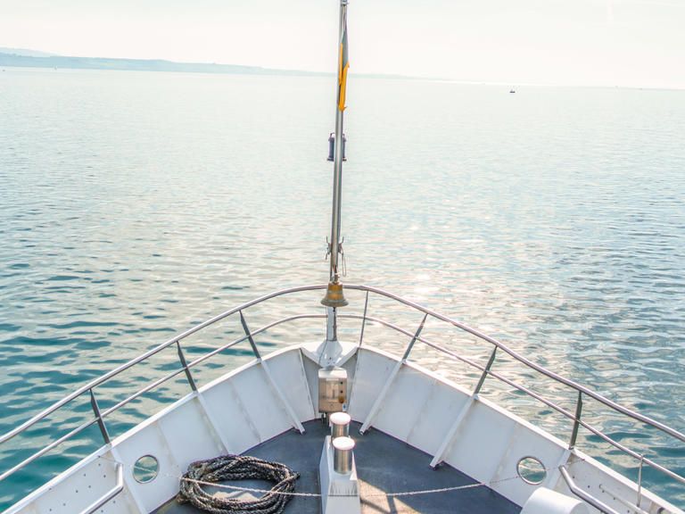 Blick vom Schiffsbug auf den sonnigen Bodensee.