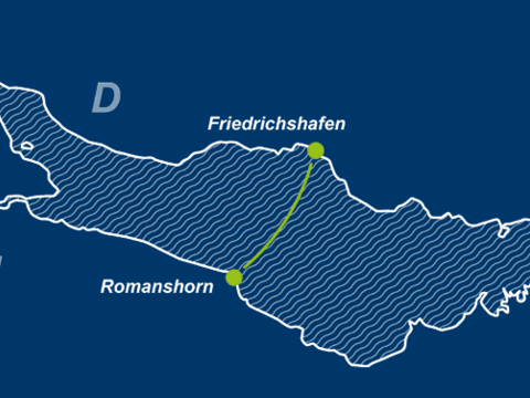 Seegrafik der Fahrroute der Faehre zwischen Friedrichshafen und Romanshorn.